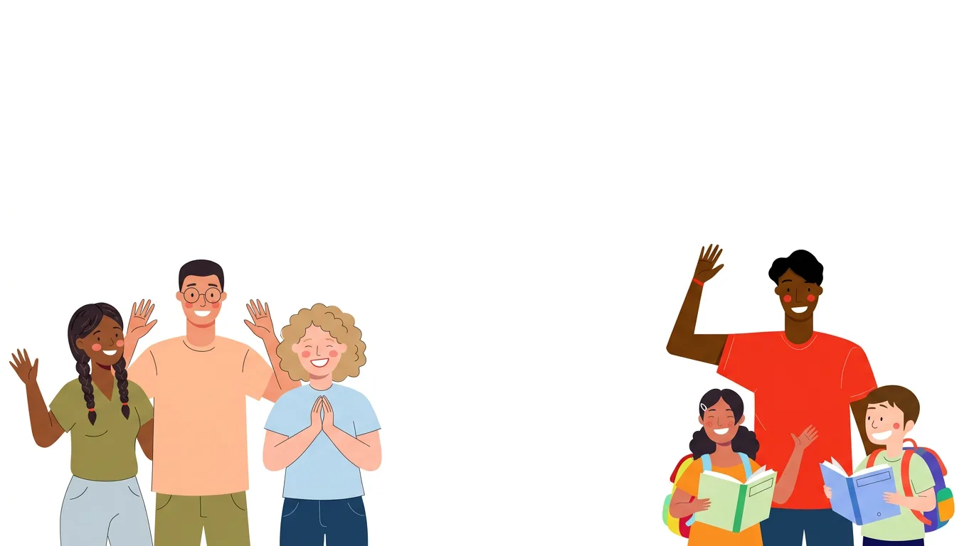 Illustratie van lachende Yeppers en leerlingen